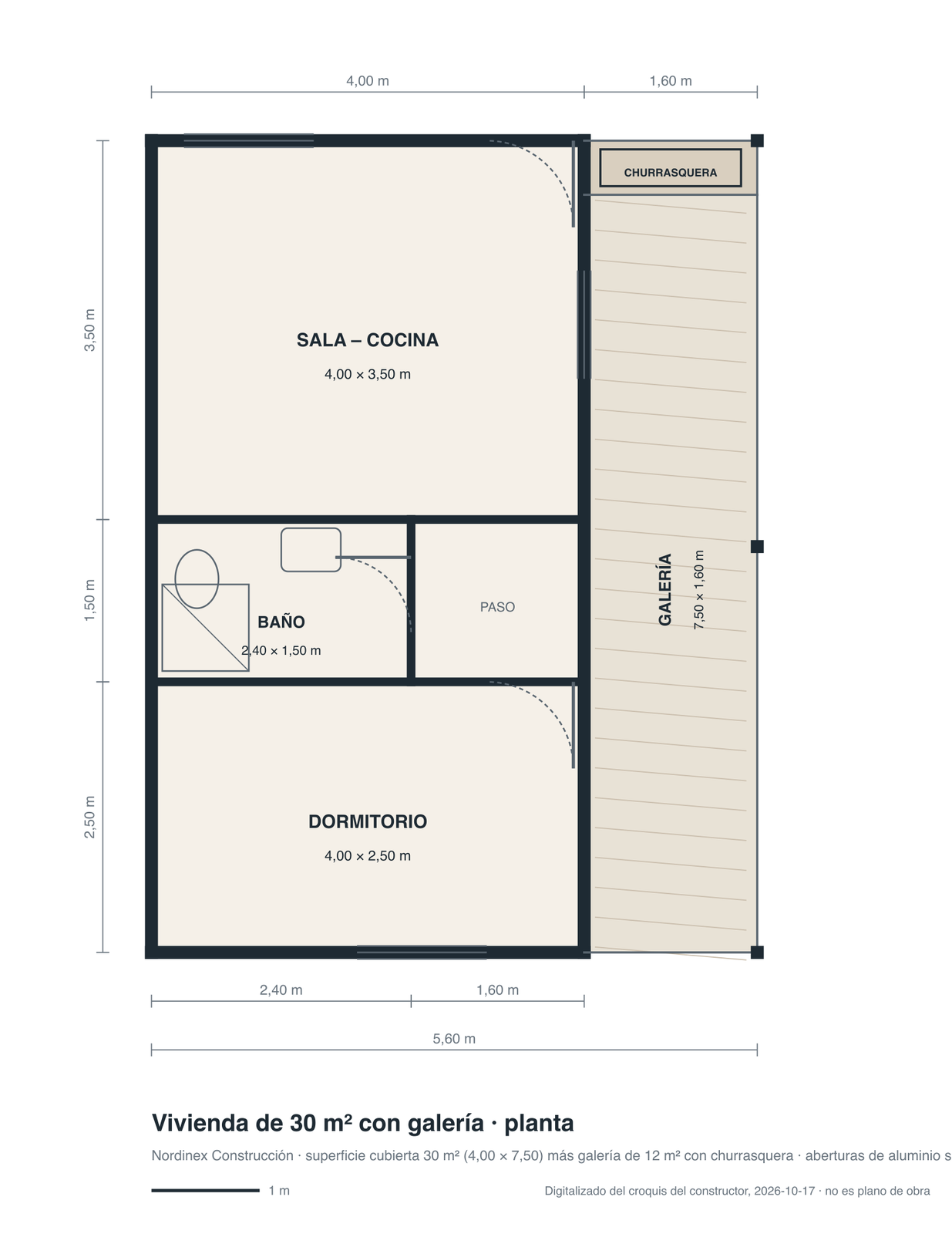 Planta de la vivienda de 30 m²: sala-cocina, baño, dormitorio y galería con parrillero